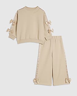 Mini Girls Brown Satin Bow Sweatshirt Set