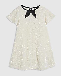Girls Cream Sequin Bow Dress