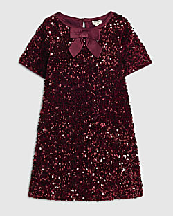Mini Girls Red Sequin Bow Dress