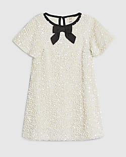 Mini Girls Cream Sequin Bow Dress