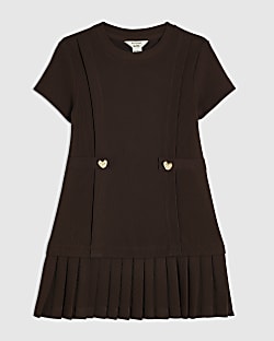 Mini Girls Brown Ponte Pleated Hem Dress