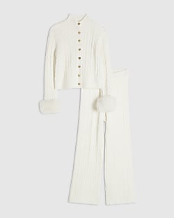 Girls Cream Fur Cuff Cable Knit Cardigan Set