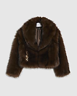 Girls Brown Short Faux Fur Coat