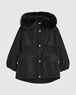 Girls Black Fur Hood Parka Coat