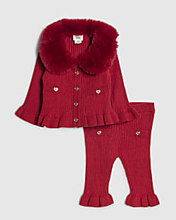 Baby Girls Red Fur Collar Peplum Top Set