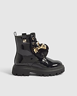 Girls Black Side Zip Pom Lace Up Boots