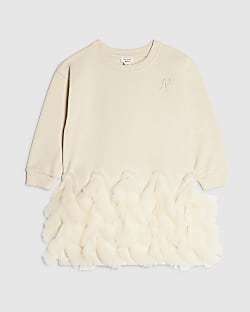 Mini Girls Cream Tulle Hem Sweatshirt Dress