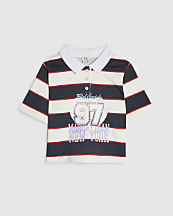 Girls Navy Diamante 97 Stripe Polo Top