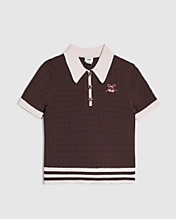 Girls Brown Tipped Polo Shirt