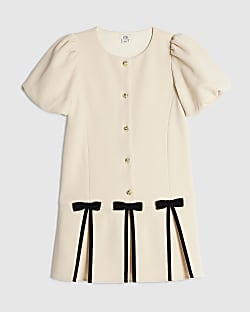 Girls Cream Pleated Bow Hem Dress
