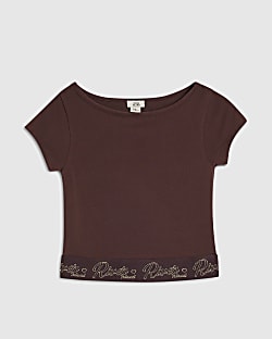 Girls Brown Cap Sleeve Waistband T-Shirt