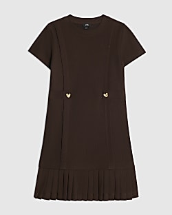 Girls Brown Pleated Hem Dress