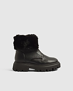 Girls Black Fur Cuff Zip Front Boots