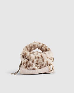 Girls Cream Leopard Faux Fur Crossbody Bag