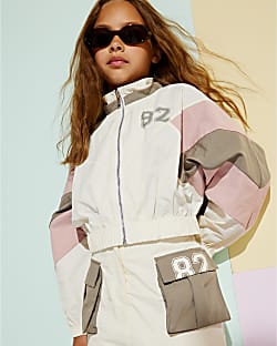Girls Cream Colour Block Funnel Bomber Jacket
