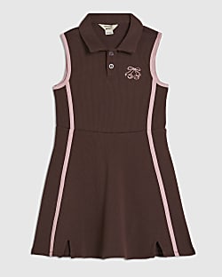 Mini Girls Brown Ribbed Polo Dress