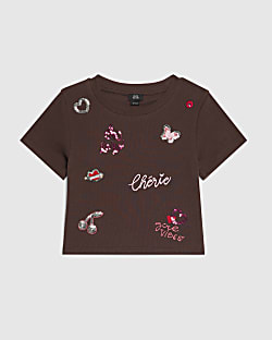 Girls Brown Sequin Embroidered T-Shirt