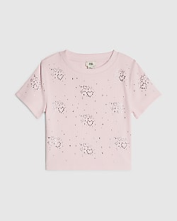 Girls Pink Diamante Heart T-Shirt