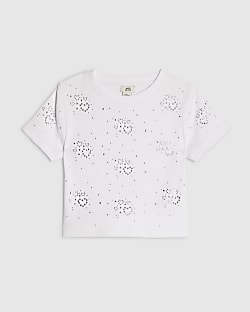 Girls White Diamante Heart T-Shirt