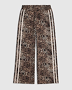 Girls Brown Leopard Wide Leg Joggers