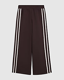 Girls Brown Side Stripe Wide Leg Joggers