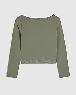 Girls Khaki Boatneck RI Waistband Top