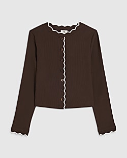Girls Brown Scallop Button Up Top