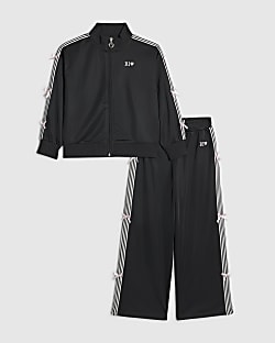 Girls Black Bow Tricot Tracksuit Set