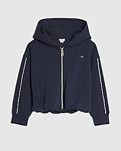 Girls Navy Premium Bubble Hem Zip Up Hoodie