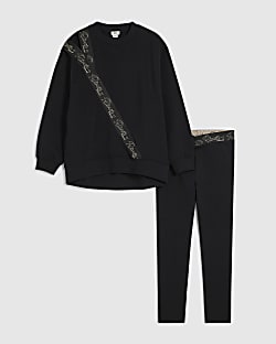 Girls Black Front Split Sweatshirt Set