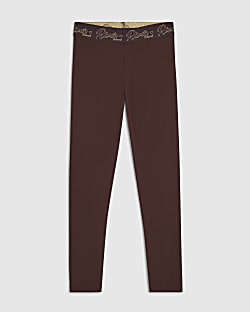 Girls Brown Script Waistband Leggings