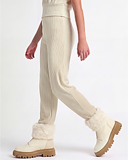 Girls Cream Faux Fur Trim Zip Up Boots