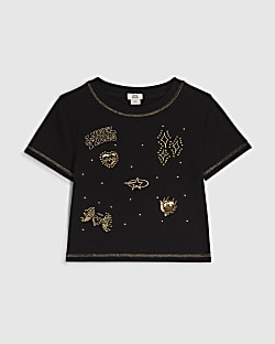Girls Black Sequin Angel Embroidered T-Shirt