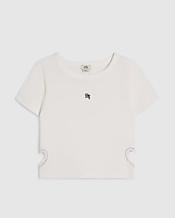 Girls White Heart Cut Out T-Shirt