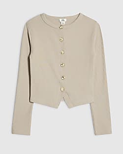Girls Beige Long Sleeve Button Up Top