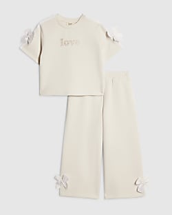 Mini Girls Cream Premium Love Bow T-Shirt Set
