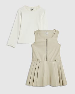 Mini Girls Cream Faux Leather Pinafore Dress