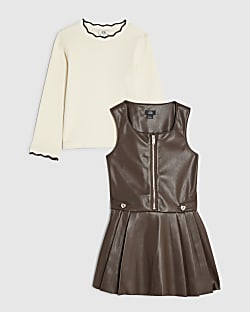 Mini Girls Brown Faux Leather Pinafore Dress