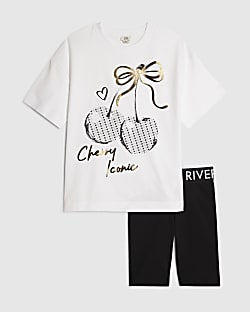 Girls White Cherry T-Shirt Cycle Shorts Set