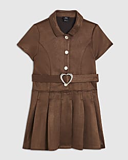 Mini Girls Brown Belted Faux Suede Dress