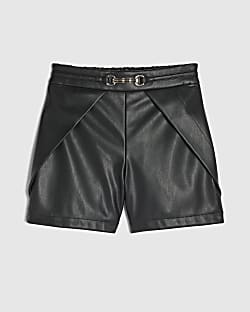 Girls Black Faux Leather Tulip Pleated Shorts