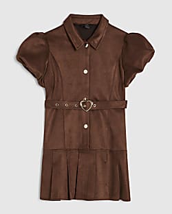 Girls Brown Faux Suede Belted Shirt Dress