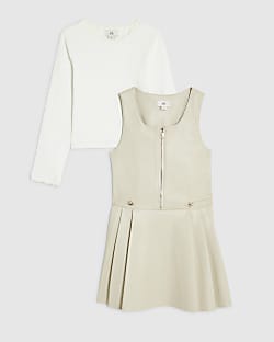 Girls Cream Heart Stud Pleated Pinafore Dress