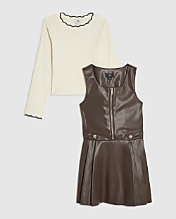 Girls Brown Heart Stud Pleated Pinafore Dress