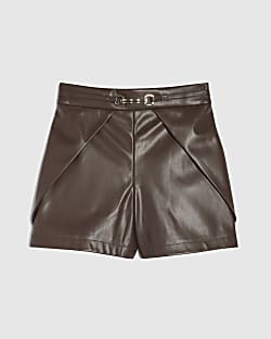 Girls Brown Faux Leather Tulip Pleated Shorts