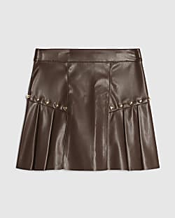 Girls Brown Heart Studded Pleated Skirt
