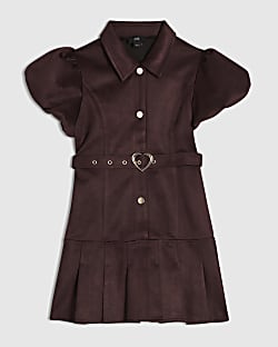 Girls Red Faux Suede Belted Shirt Dress