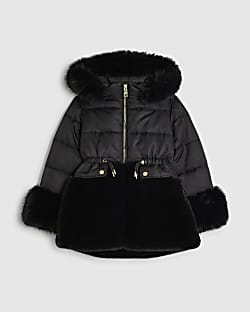Girls Black Hybrid Fur Cinch Padded Coat
