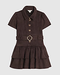 Mini Girls Brown Collared Faux Suedette Dress