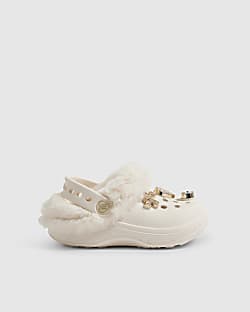 Mini Girls Cream Faux Fur Lined Gem Clogs